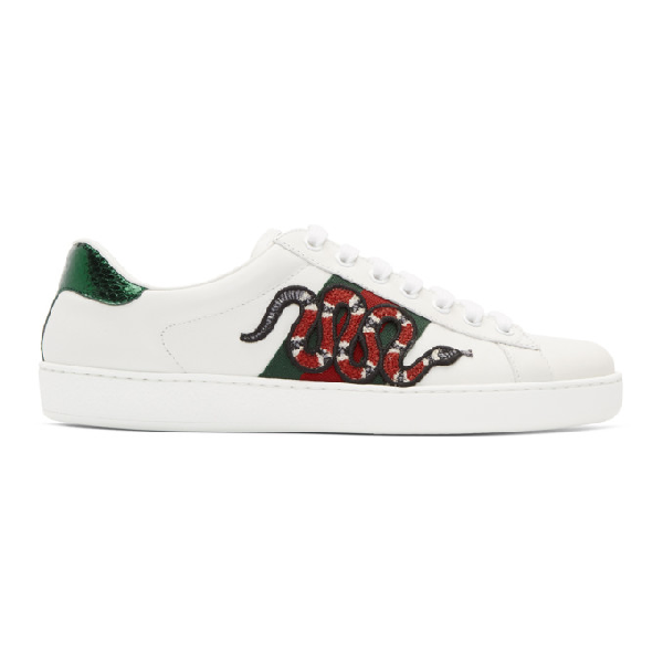 Gucci Snake Ace Embroidered Leather Sneakers In White | ModeSens