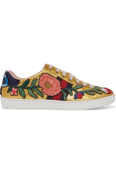 Gucci 'ace' Floral-embroidered Sneakers In Gold Leather