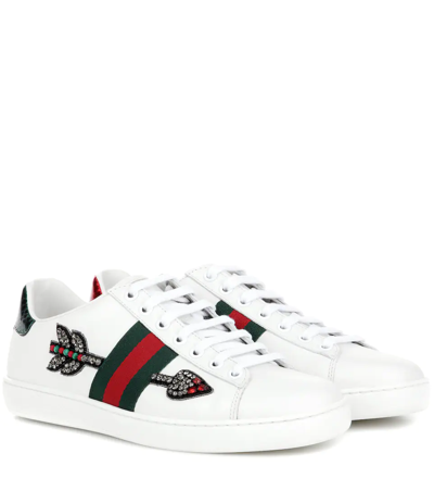 Gucci Ace Watersnake-trimmed Crystal-embellished Leather Sneakers In White/ oth | ModeSens