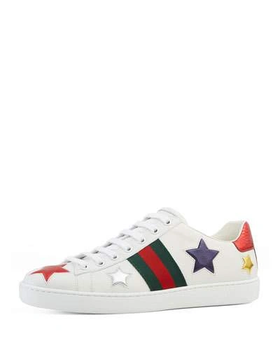 Gucci Ace Embroidered Leather Sneakers In Bianco