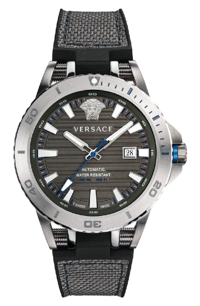 Versace Sport Tech Diver Automatic Textile Strap Watch, 45mm In Black/ Gunmetal/ Silver