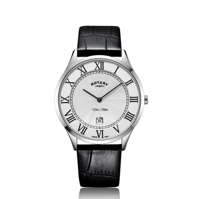 Rotary Watches Ultra Slim White Stainless Steel Watch With Black Leather Strap