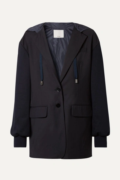 Tibi Reversible Hooded Jersey And Shell-paneled Woven Blazer In Navy