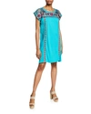 Johnny Was Quinn Embroidered Short-sleeve Shift Tunic Dress In Lanai Azure