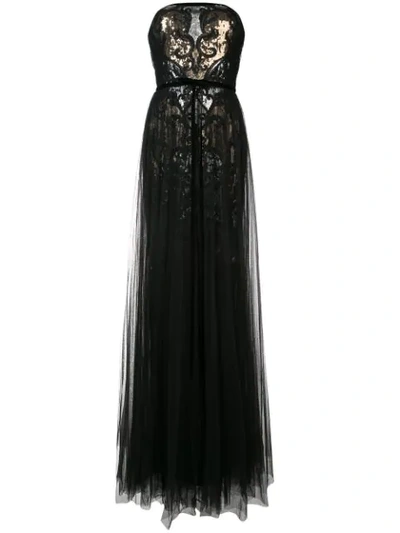 Marchesa Notte Strapless Sequined Tulle-overlay Gown In Black