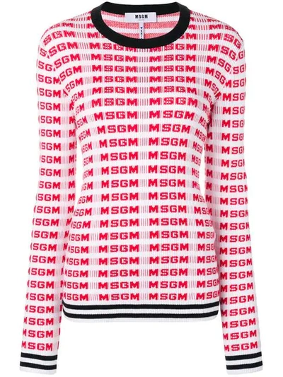 Msgm Logo Intarsia Cotton Rib Knit Sweater In Red ,white