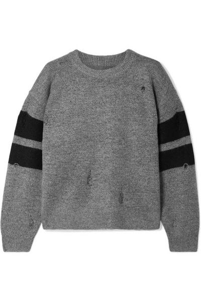 Current Elliott The Yates Distressed Striped Knitted Sweater In Gray