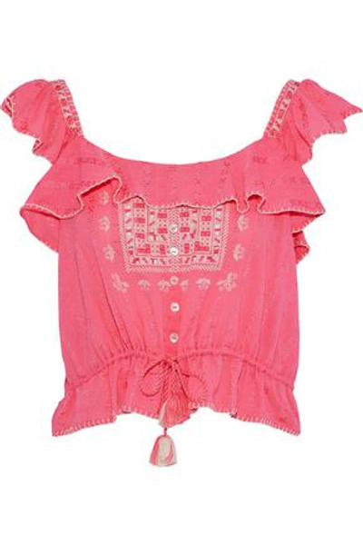 Love Sam Woman Ruffled Embroidered Cotton-gauze Top Pink
