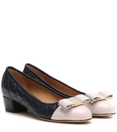 Ferragamo Vara Quilted Navy Leather Off White Jasmine Patent Pumps In Blue