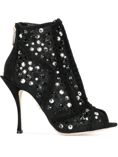 Dolce & Gabbana Ankle Boots In Tulle With Embroidery In Black