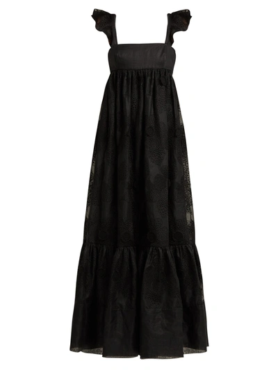 Valentino Camellia-embroidered Cotton-blend Organdy Gown In Black