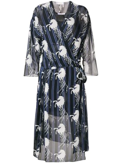 Chloé Bracelet-sleeve Horse-print Georgette Midi Dress In Blue