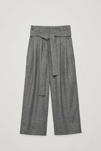 Cos Belted Herringbone Wool Trousers In Grey