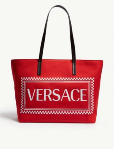 Versace Logo Print Canvas Tote Bag In Red White