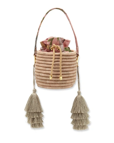 Maison Alma Monochrome Woven Straw Bucket Bag With Metallic Tassels In Beige
