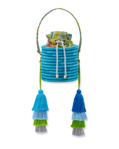 Maison Alma Monochrome Woven Straw Bucket Bag With Colorblock Tassels In Blue