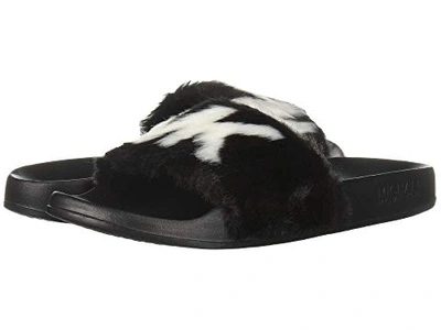 Michael Michael Kors Mk Logo Faux Fur Slide Sandal In Black/ Optic White