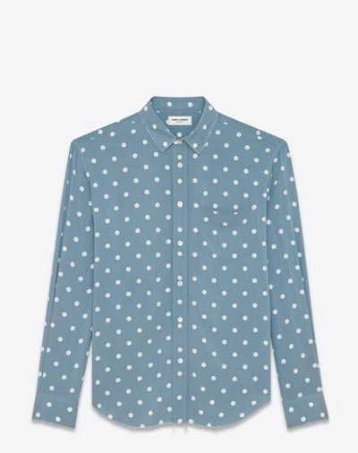Saint Laurent Oversized Signature Yves Collar Shirt In Blue And White Polka Dot Printed Viscose In Multicolor