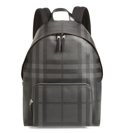 Burberry Leather Trim London Check Backpack In Charcoal/black