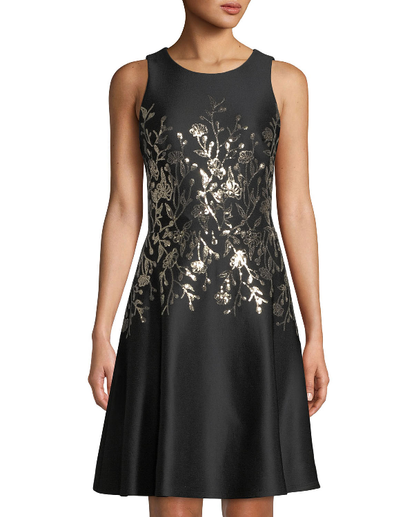 black and gold fit and flare dress