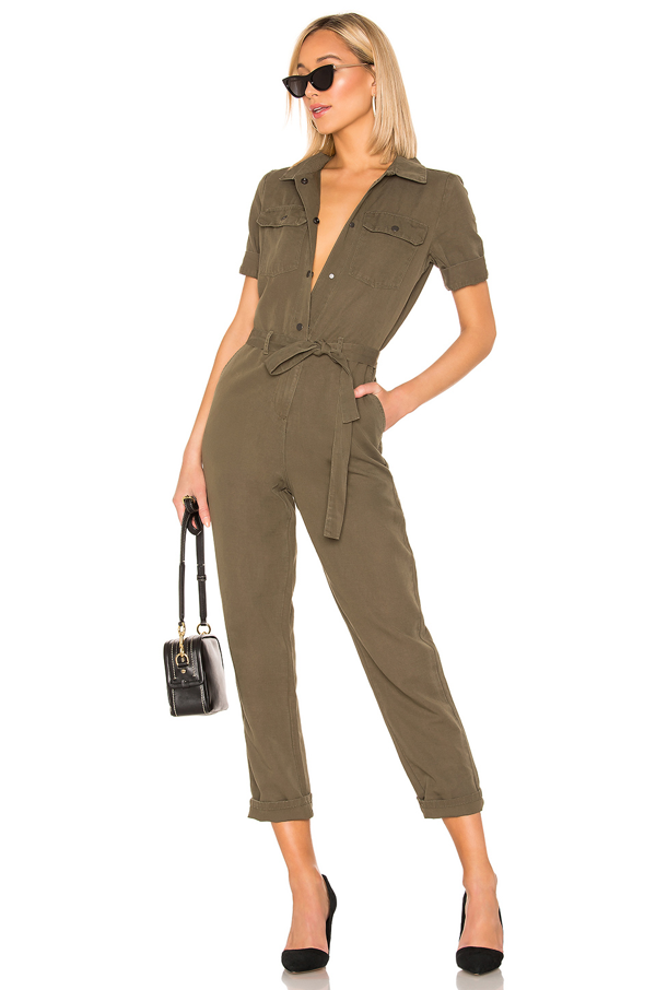 Frame Short Sleeve Belted Jumpsuit In Army Green | ModeSens