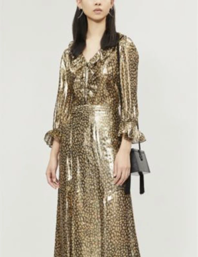 Alice And Olivia Ladies Black Silver And Gold Elliot Metallic Animal-print Silk-blend Top In Blksilgld