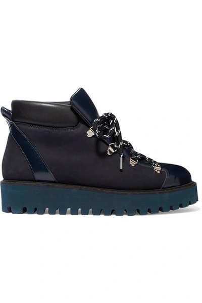 Ganni Glossed-leather And Suede Platform Ankle Boots In Navy