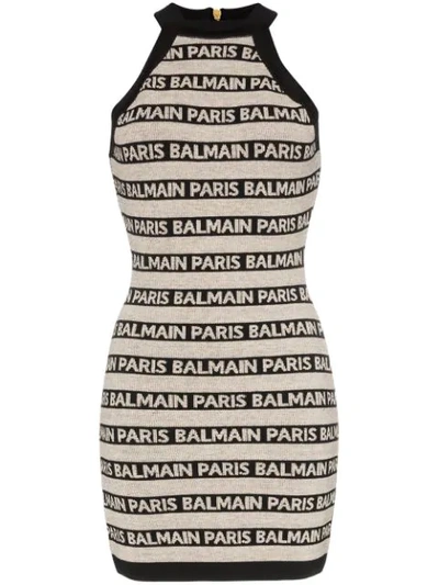 Balmain Striped Linen-blend Knit Minidress In Beige/black