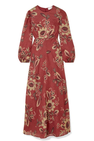 Zimmermann Juno Floral-print Linen Maxi Dress In Brick