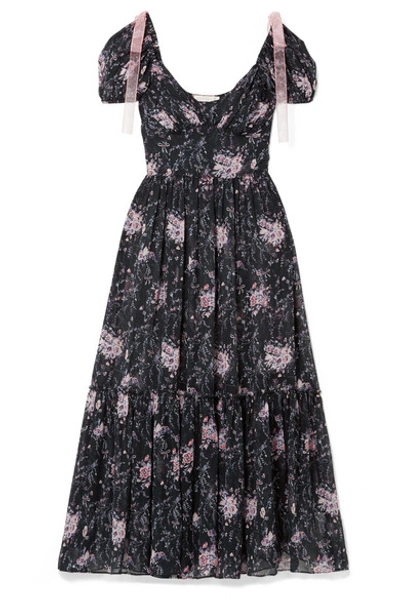 Loveshackfancy Angie Gathered Floral-print Silk-georgette Maxi Dress In Midnight Blue