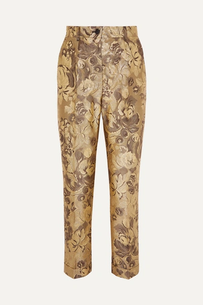 Dolce & Gabbana Floral-jacquard High-rise Cropped Trousers In Gold