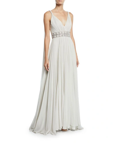 Jenny Packham Tahoe Wrapped Silk-chiffon V-neck Gown In White/silver