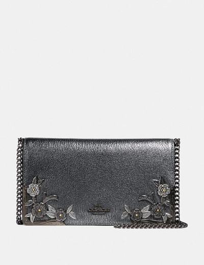 Coach Callie Foldover Chain Clutch With Metal Tea Rose In Metallic Graphite/pewter