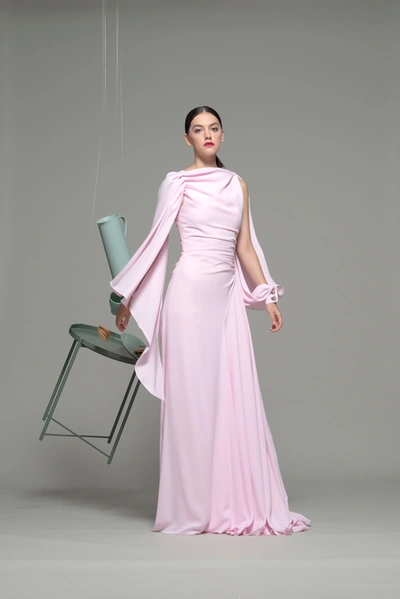 Isabel Sanchis Long Sleeve Ruched Bodice Evening Gown