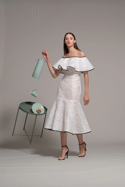 Isabel Sanchis Off The Shoulder White Midi-tea Dress