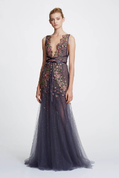 Marchesa Floral Embroidered Tie-waist Tulle Deep V-neck Gown In Charcoal