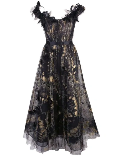 Marchesa Off Shoulder Foil Printed Tulle Midi-tea Dress In Black