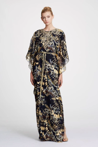 Marchesa Spring 2019  Couture Foil Printed Organza Caftan In Gold Midnight