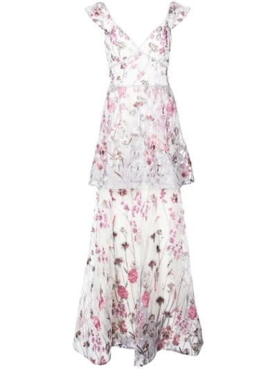 Marchesa Notte Sleeveless Floral Embroidered Ruffled Tiered Gown In White