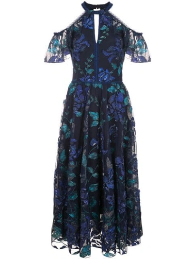 Marchesa Notte Floral Cold Shoulder Dress In Blue