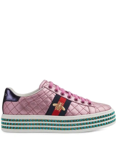 Gucci Leather Embellished Ace Sneakers In Pink