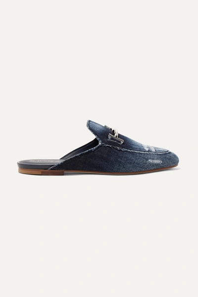 Tod's Embellished Distressed Denim Slippers In Blue
