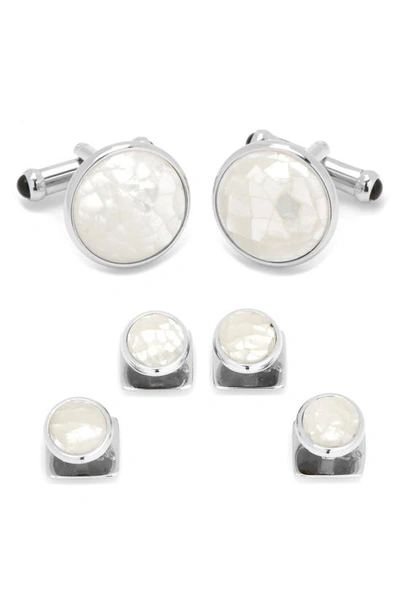 Cufflinks, Inc Men's 3-piece Ox And Bull Trading Co. Mosaic Mother Of Pearl Stud Cufflink Set In White