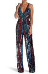 Dress The Population Charlie Sequin Jumpsuit In Rouge Red Multi