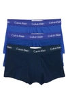 Calvin Klein 3-pack Stretch Cotton Low Rise Trunks In Cerulean/ Submerge/ Stripe