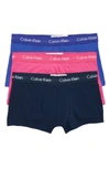 Calvin Klein 3-pack Stretch Cotton Low Rise Trunks In Rosy/ Submerge/ Cerulean