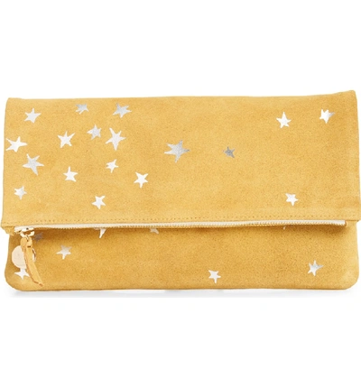 Clare V Margot Star Print Foldover Suede Clutch - Yellow In Mustard Stars