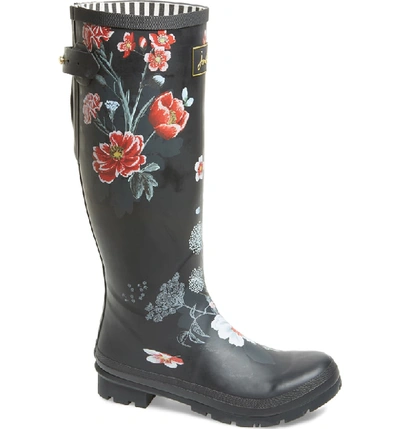 Joules 'welly' Print Rain Boot In Black/ Black Floral