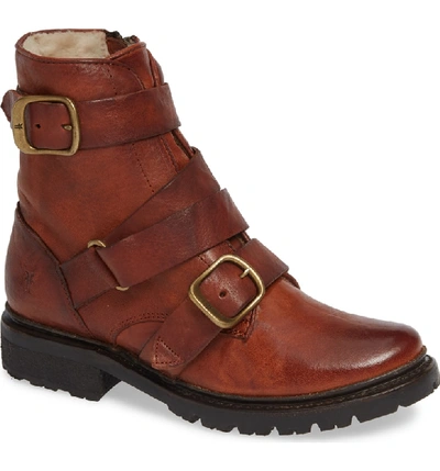 Frye Vanessa Tanker Genuine Shearling Lined Boot In Cognac Leather