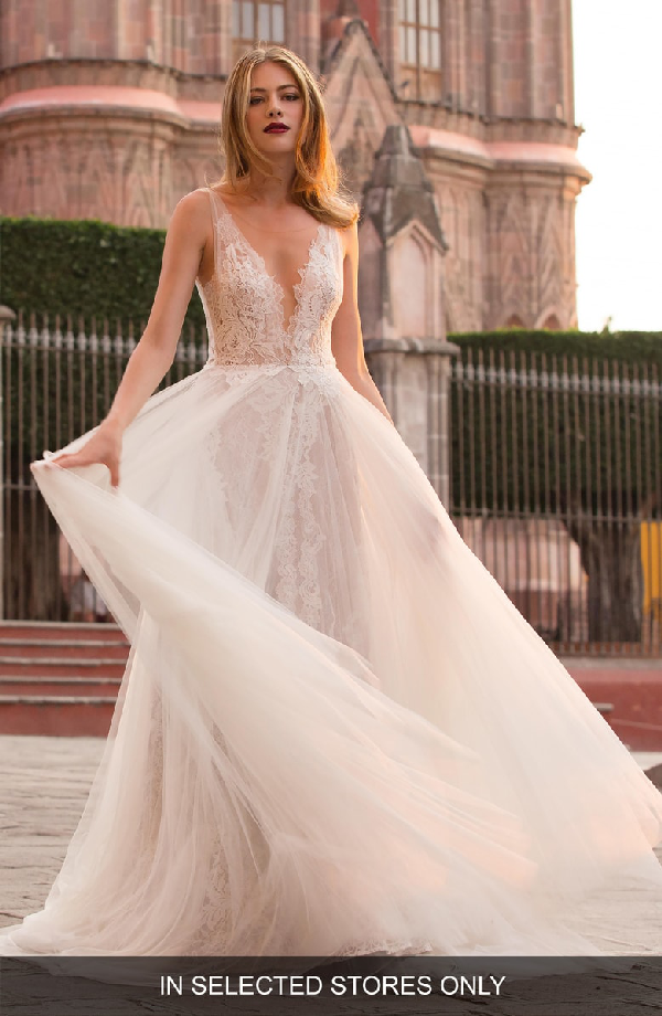 Watters Ludmila Silk Lace Tulle A Line Gown In Ivory Sunkiss
